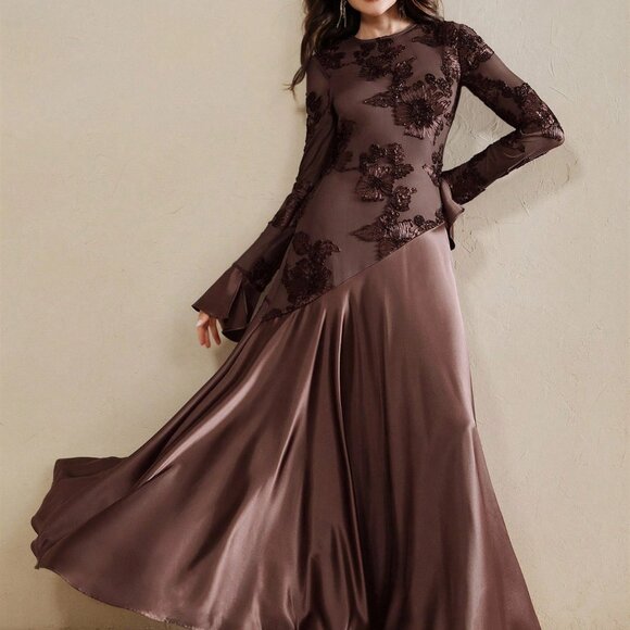 Deep Brown Elegant Women's Floral embroidered bodice with Bell Sleeve Maxi Dress - Picture 7 of 7
